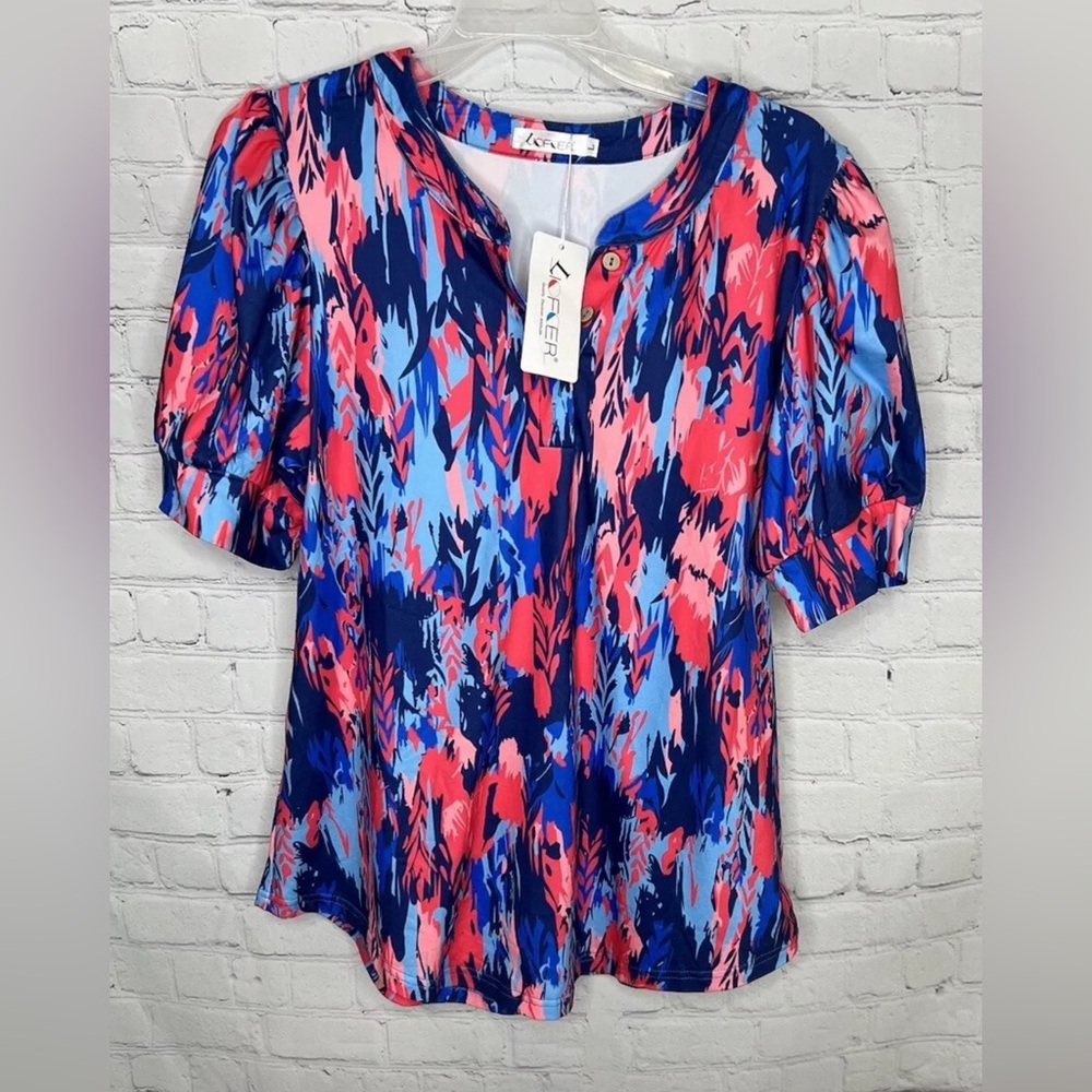 Liofoer New Women’s Top T-shirt 3 Button Front shorts Puff Sleeves L Blue Red